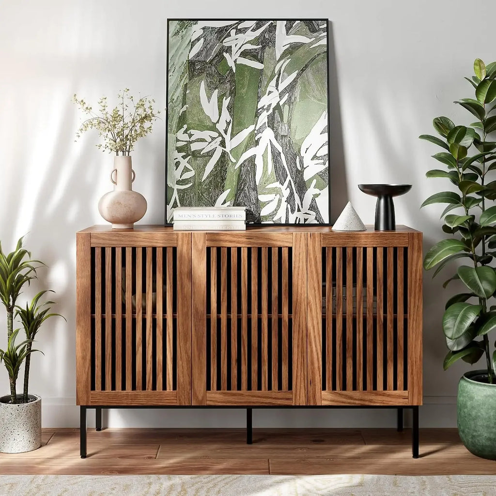 Farmhouse Buffet Cabinet with Metal Base and Adjustable Shelves,Sideboard Coffee Bar Cabinet with Doors for Kitchen, Living Room
