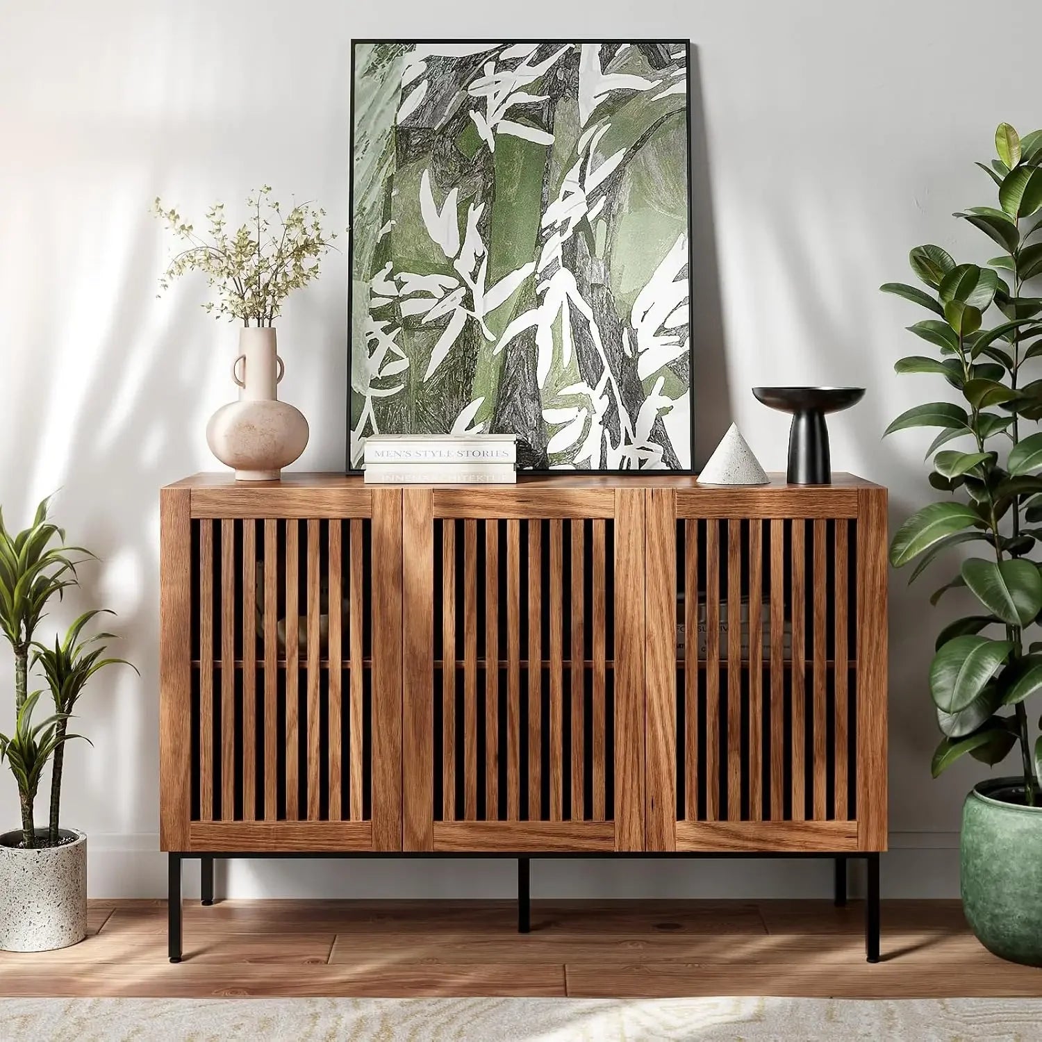 Farmhouse Buffet Cabinet with Metal Base and Adjustable Shelves,Sideboard Coffee Bar Cabinet with Doors for Kitchen, Living Room