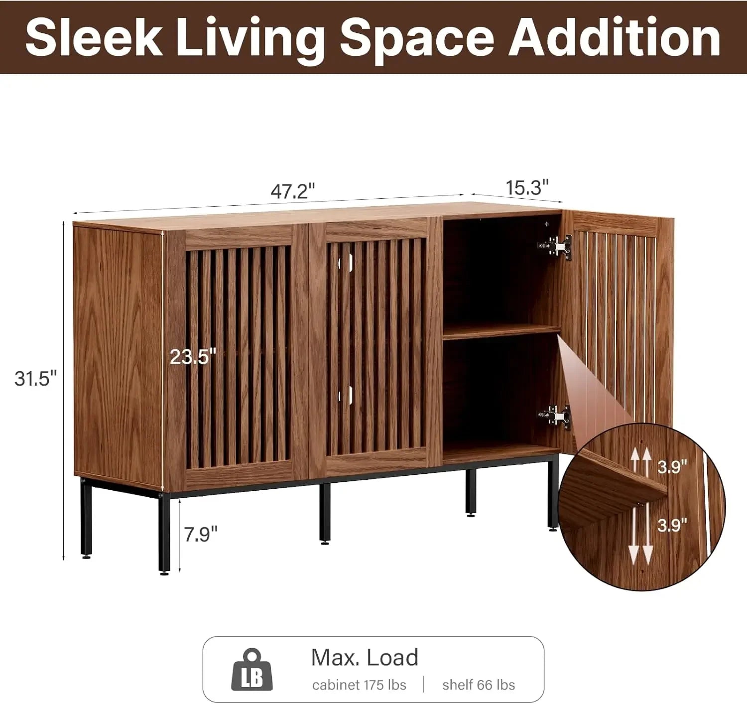 Farmhouse Buffet Cabinet with Metal Base and Adjustable Shelves,Sideboard Coffee Bar Cabinet with Doors for Kitchen, Living Room