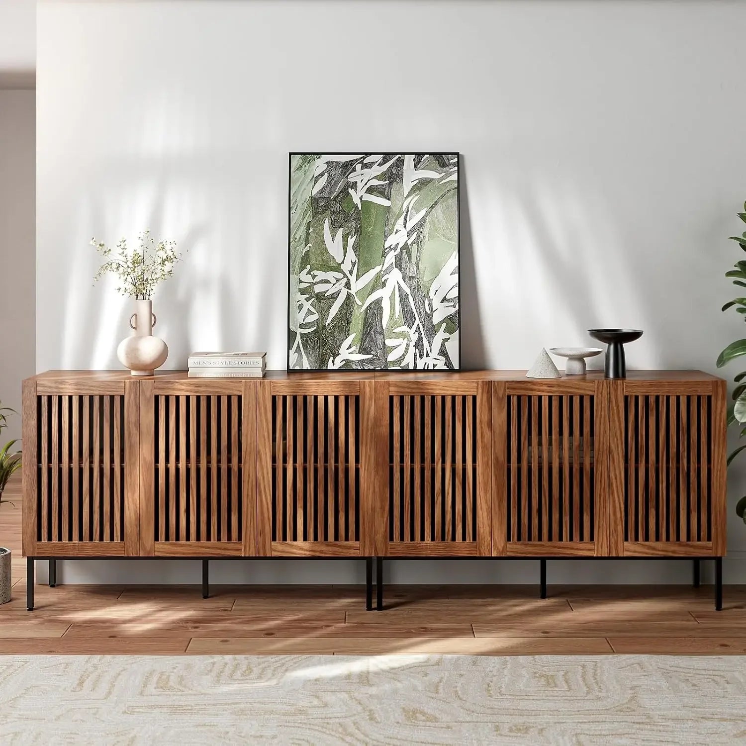 Farmhouse Buffet Cabinet with Metal Base and Adjustable Shelves,Sideboard Coffee Bar Cabinet with Doors for Kitchen, Living Room