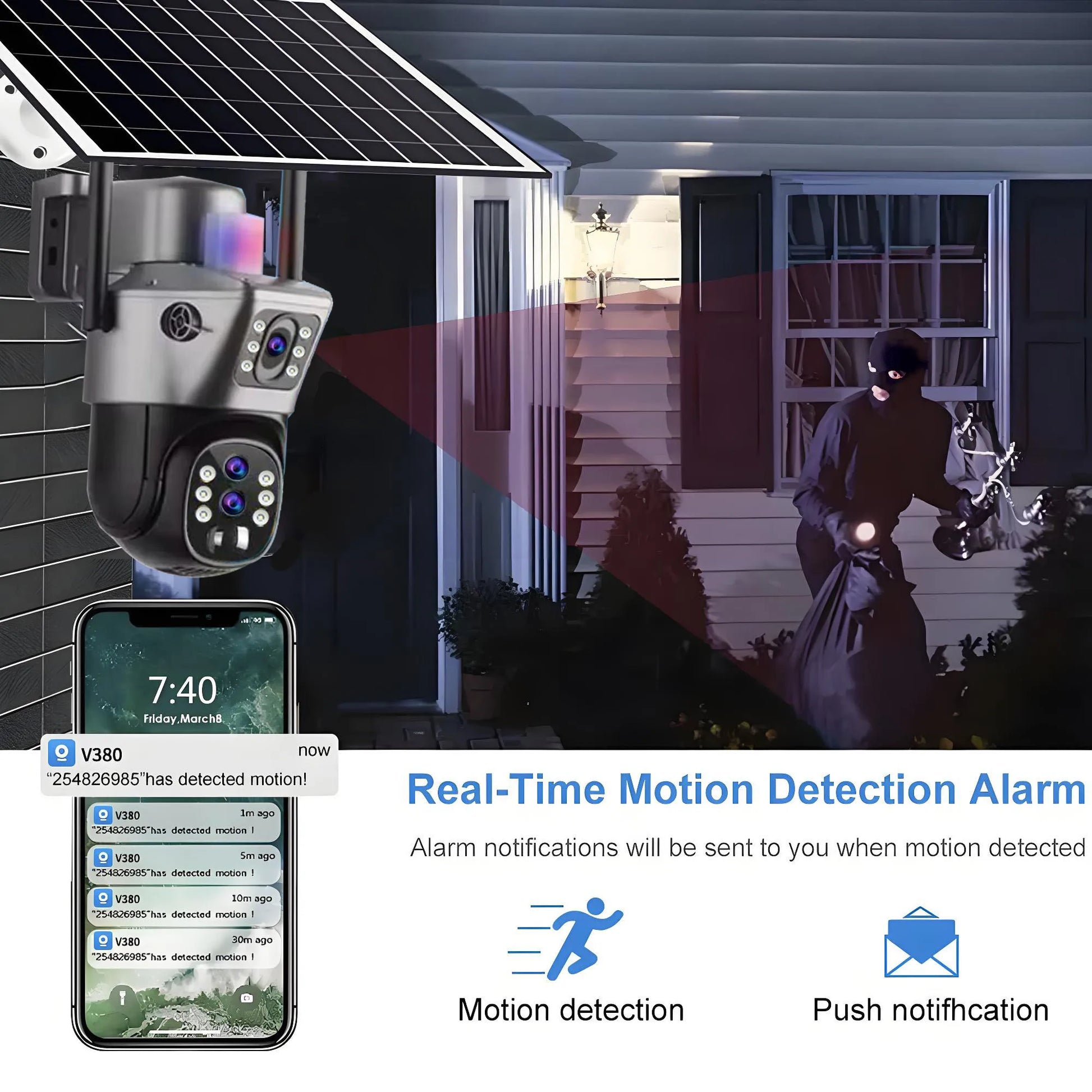 10X Zoom Wireless Outdoor WiFi Solar Camera 6K 12MP Dual Screen HD Color Night Vision PIR Auto Tracking PTZ IP Surveillance Cam