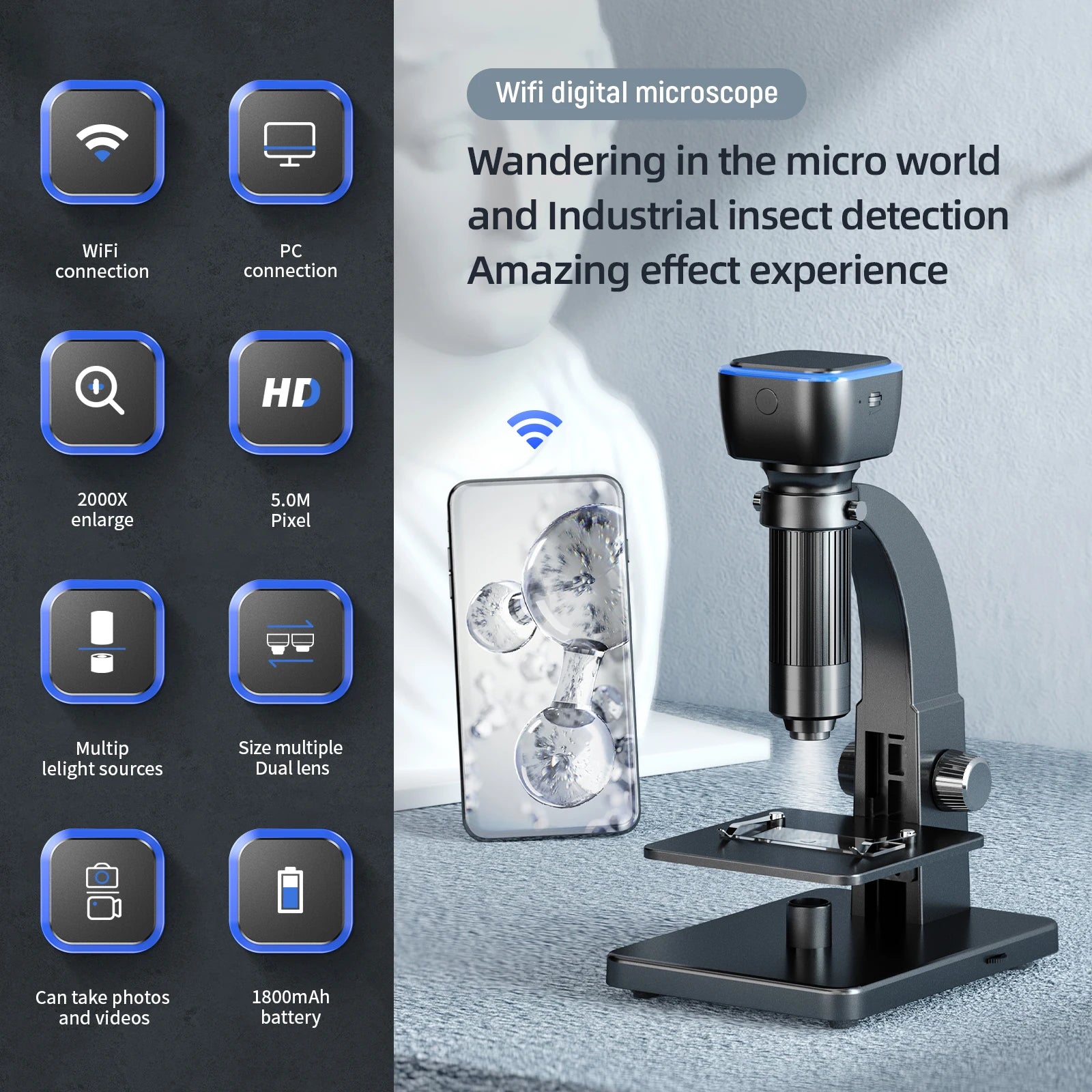 5MP 2000X Wireless WIFI Digital Microscope For Science Inspection Handheld Endsocope Camera Magnifier CMOS Borescope Otoscope